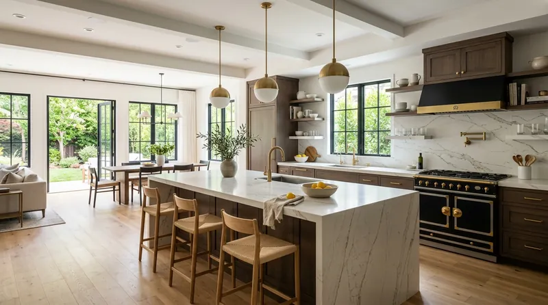 Luxury kitchen with Calacatta quartz waterfall island and brass fixtures