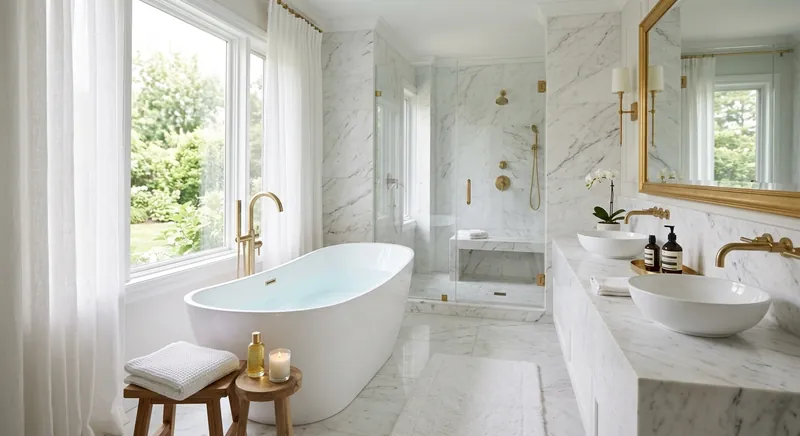 Spa bathroom with white marble walls and freestanding soaking tub