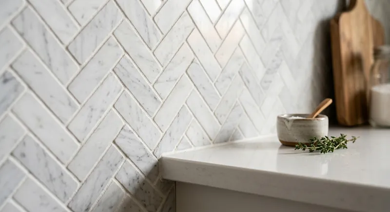 Close-up of herringbone marble mosaic backsplash