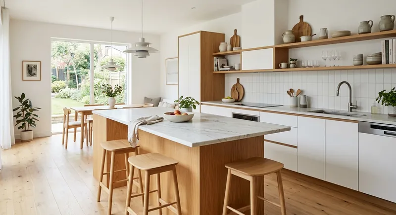 Modern Scandinavian kitchen with quartzite island and warm oak accents