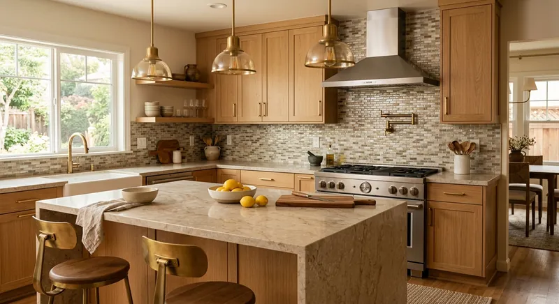 Kitchen with mosaic glass tile backsplash and matching quartz countertop