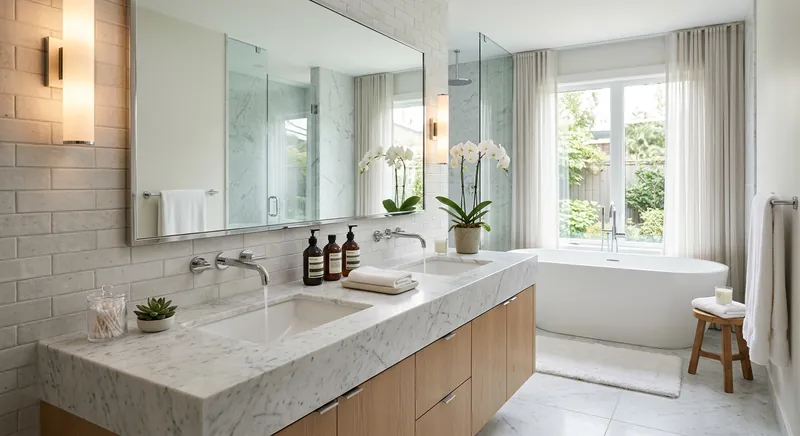 Spa bathroom with Carrara marble vanity top and frameless mirror