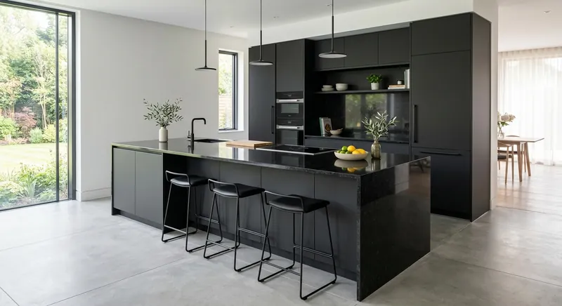 Modern kitchen with black granite waterfall island and dark cabinets
