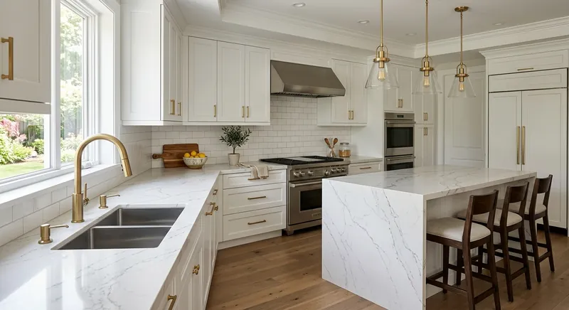 Luxury kitchen with Calacatta quartz countertops and gold pendant lights in Massachusetts