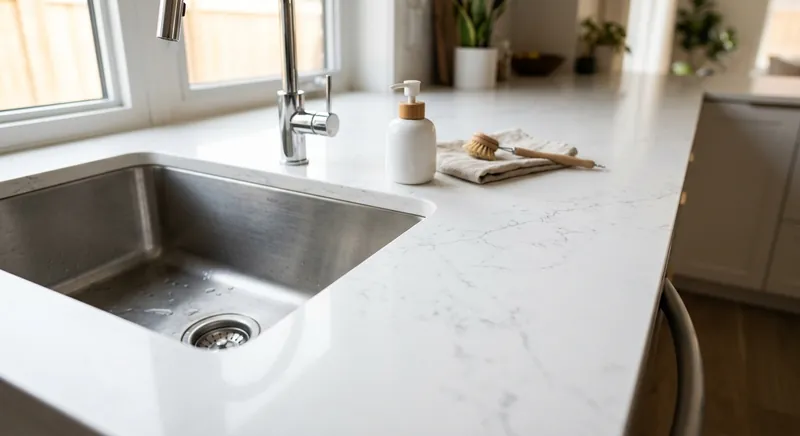 Close-up of pristine white quartz countertop with subtle grey veining